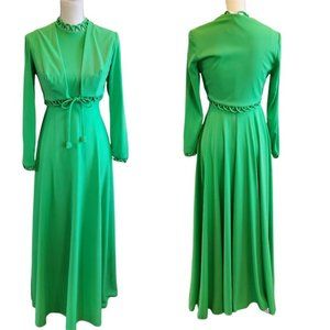 Vintage 70s 2 Piece Dress Set Green Polyester High Neck Floor‎ Length Sz Small